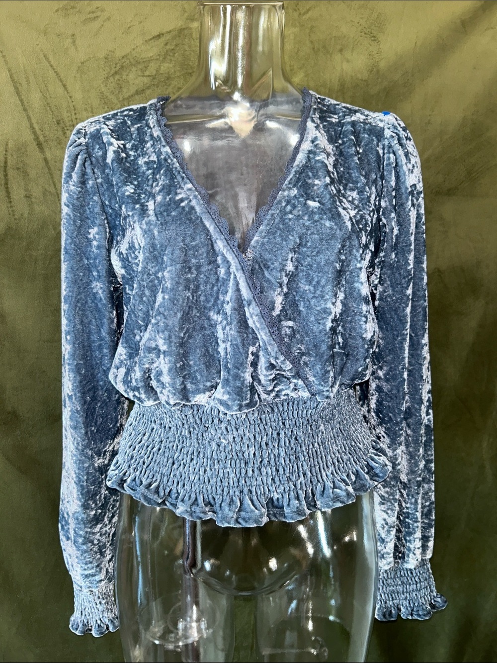 Crushed Velvet Smocked Wrap Blouse in Blue